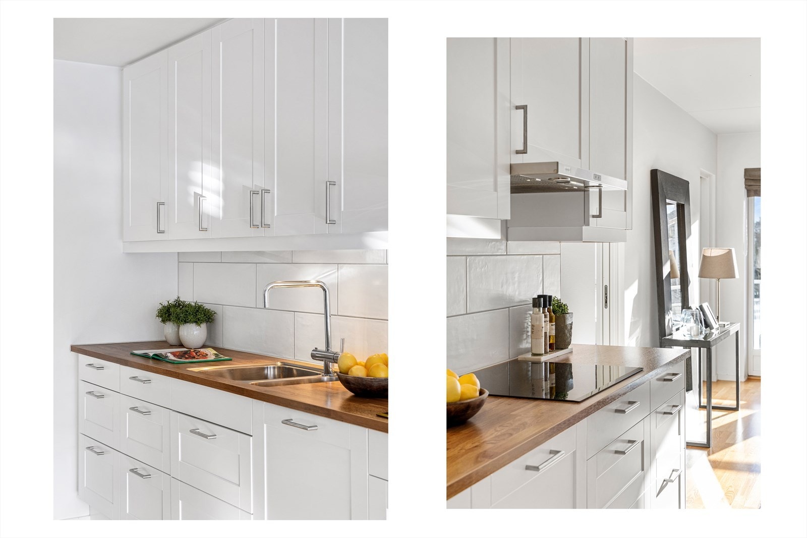 Benkeplaten er i laminat og har nedfelt vask samt ettgreps kjøkkenarmatur. Det er montert lys under overskap som lyskilde. Galleribilde