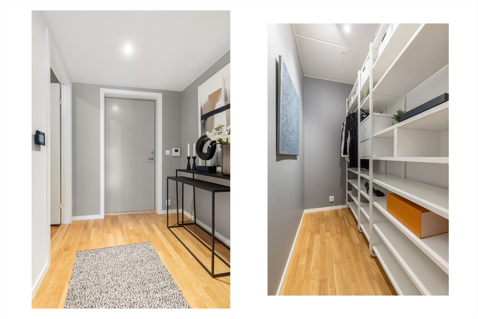 Lys og luftig entré som gir et godt førsteinntrykk av boligen. Innenfor entréen er en romslig bod som kan benyttes til oppbevaring. Leiligheten har gjennomgående gode oppbevaringsmuligheter. Galleribilde