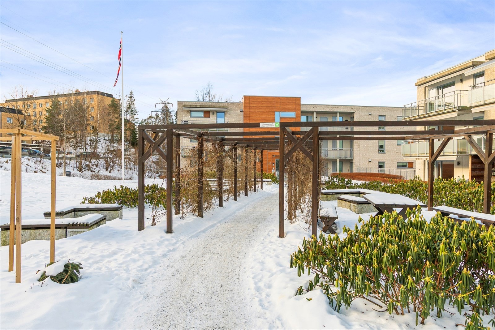 Bakgården har hyggelige sittegrupper og beplantning. Galleribilde