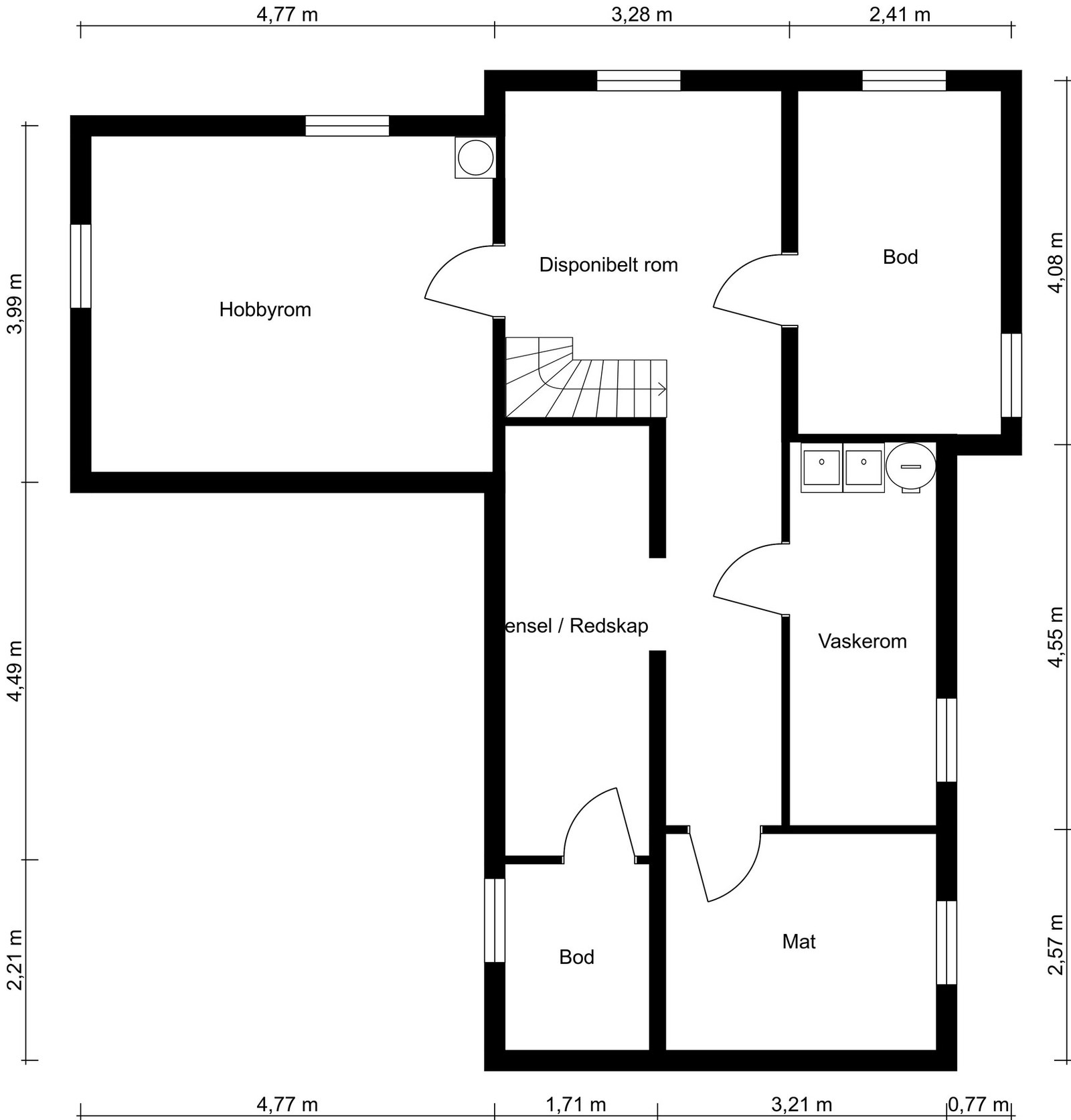 Plantegning kjelleretasje - Ingen av rommene i etasjen er godkjent til varig opphold (rom for beboelse). Galleribilde