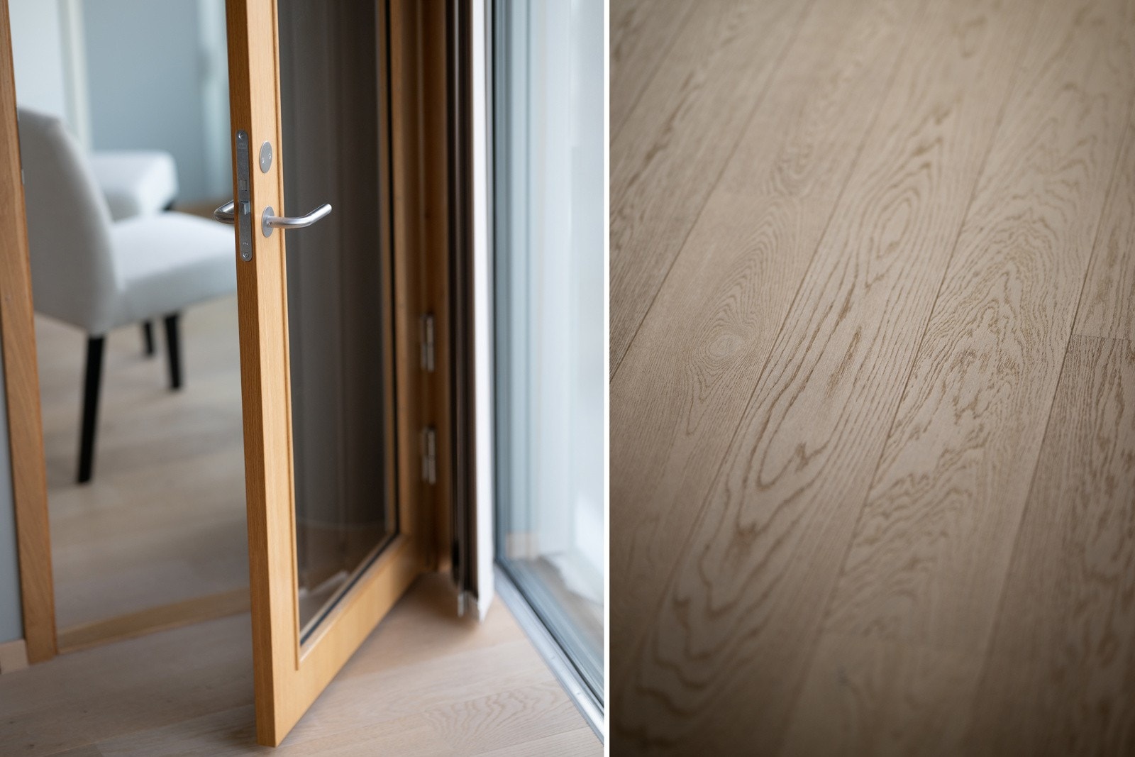 Delikate overflater på vegg og eikefargede detaljer på dører, karmer og gulv gjennom hele leiligheten. Leiligheten har 1-stavs eikeparkett på gulv og glatte, malte flater på vegg og himling. Galleribilde