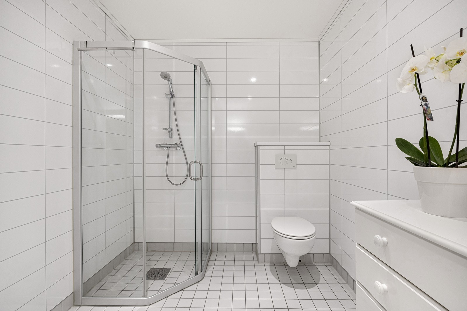 Videre har badet et vegghengt toalett og et dusjhjørne. Galleribilde