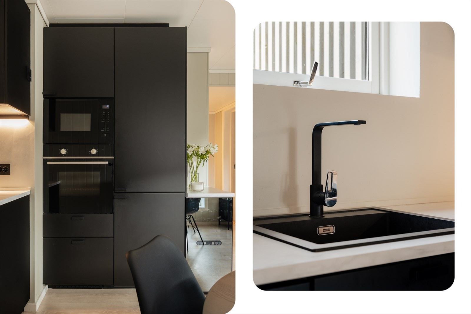 Av integrerte hvitevarer finner man kjøle/fryseskap, oppvaskmaskin, platetopp, vinskap, mikrobølgeovn og stekeovn Galleribilde