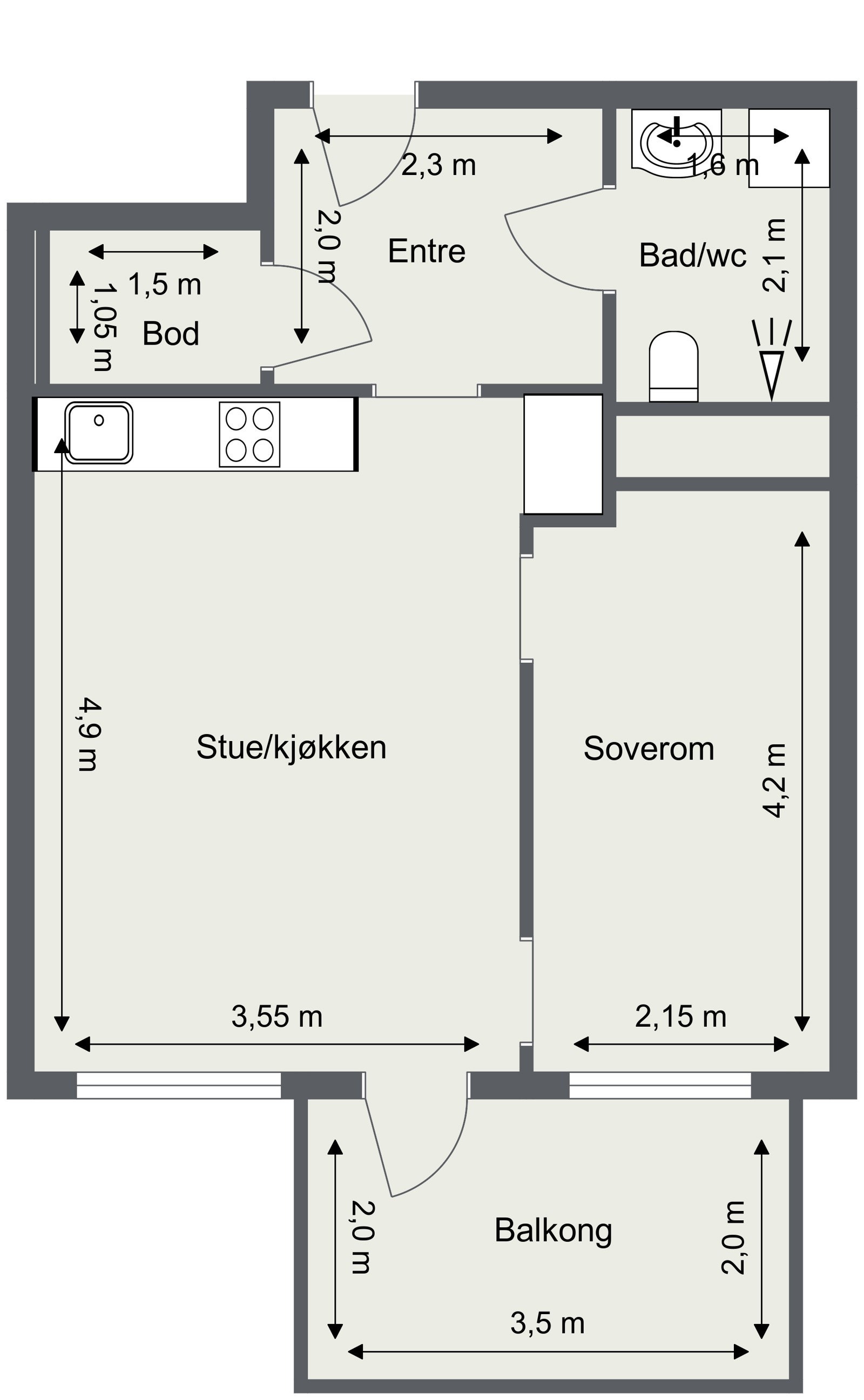 Innhold: entré, innvendig bod, bad/wc, soverom og stue med åpen kjøkkenløsning og utgang til vestvendt balkong på 7m². Galleribilde