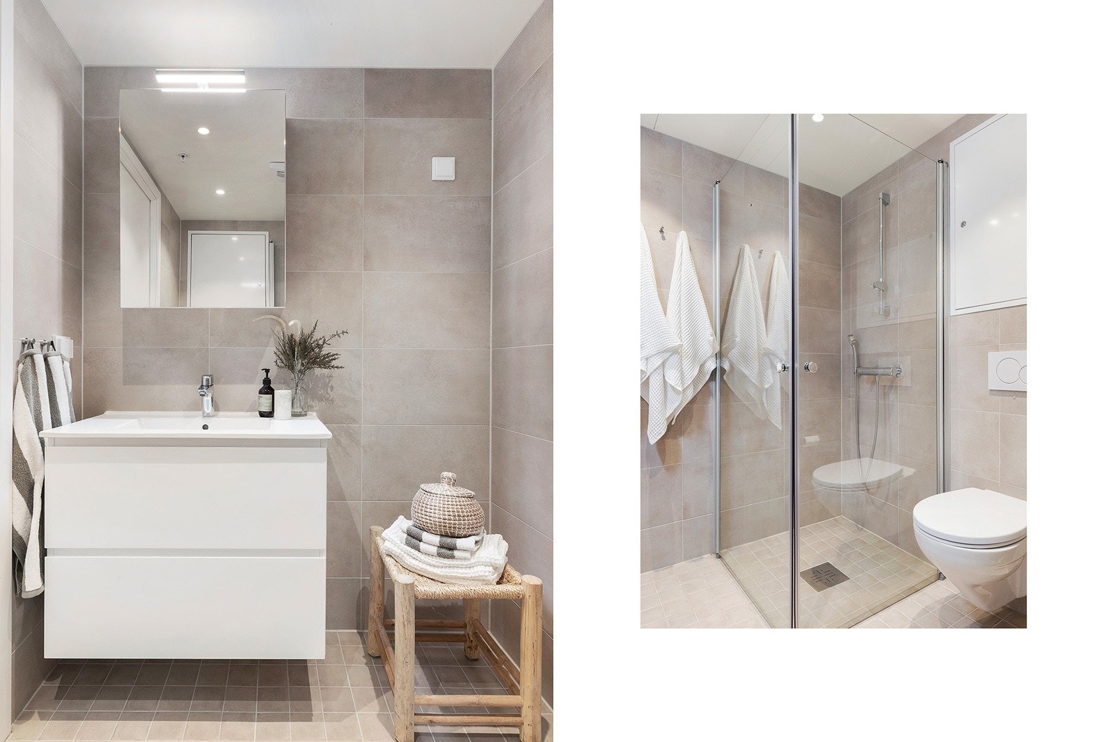 Bad/wc består av inn- utadslående dusjvegger, servant m/underskap, overskap m/speilfronter og overlys, veggklosett og opplegg for vaskemaskin. Galleribilde