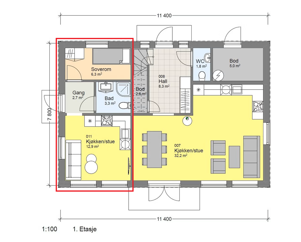 Tegning av leiligheten (i rødt rektangel) Galleribilde