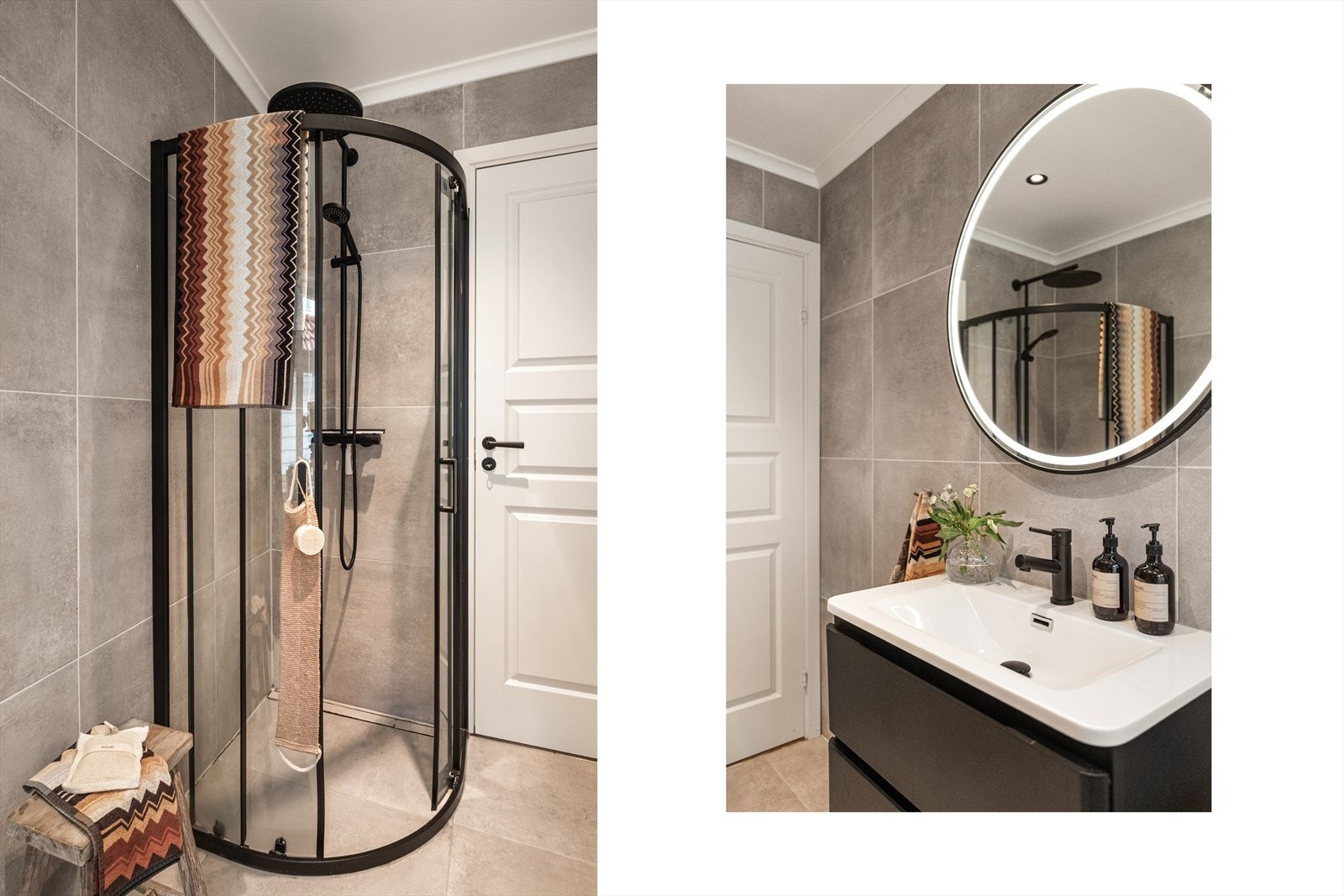 Badet er pent innredet med vegghengt servant i møbel, speil med integrert belysning, vegghengt toalett samt et praktisk dusjhjørne. Galleribilde