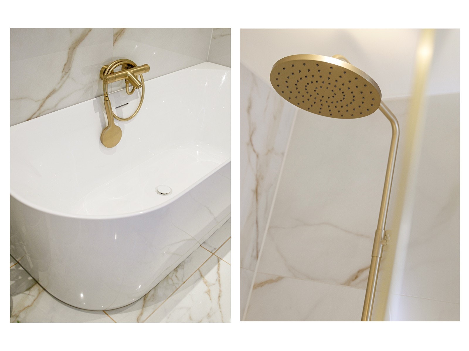 Lekre detaljer med gullfarget garnityr både til badekar og dusj.
! Galleribilde