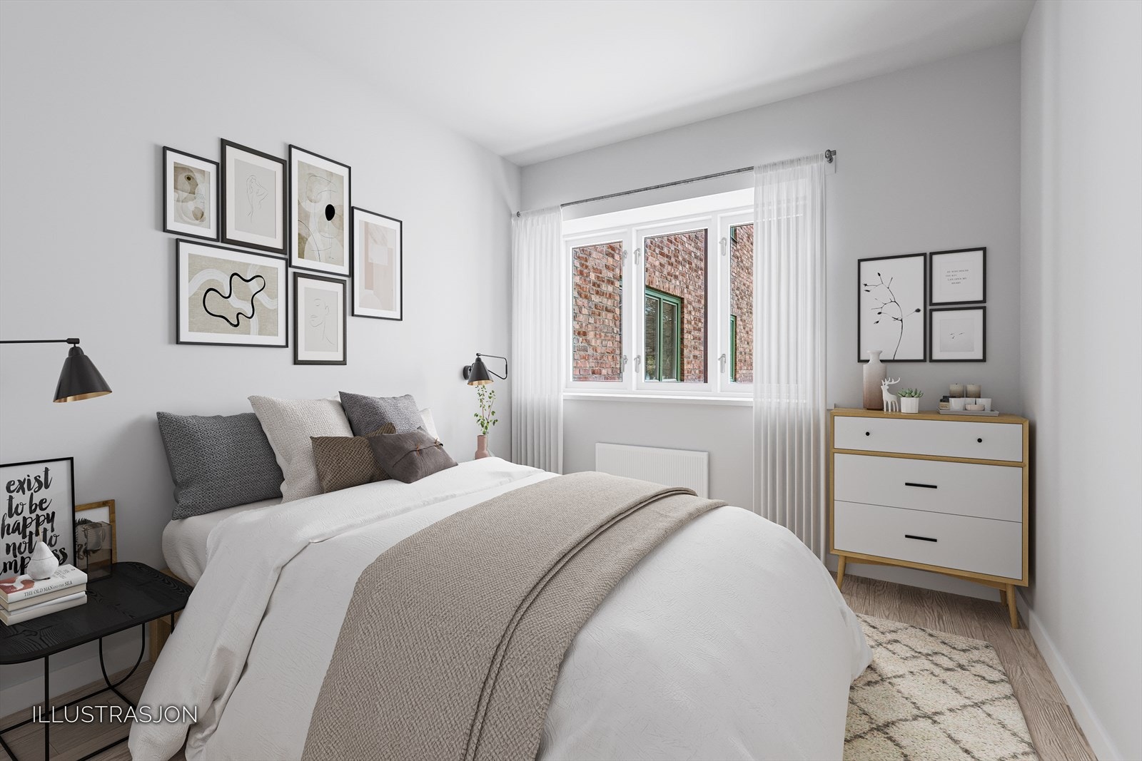 Illustrasjonsbilde av soverom. Bildet er ment å vise rommets planløsning og mulige møbleringsløsninger. Avvik kan forekomme. Galleribilde