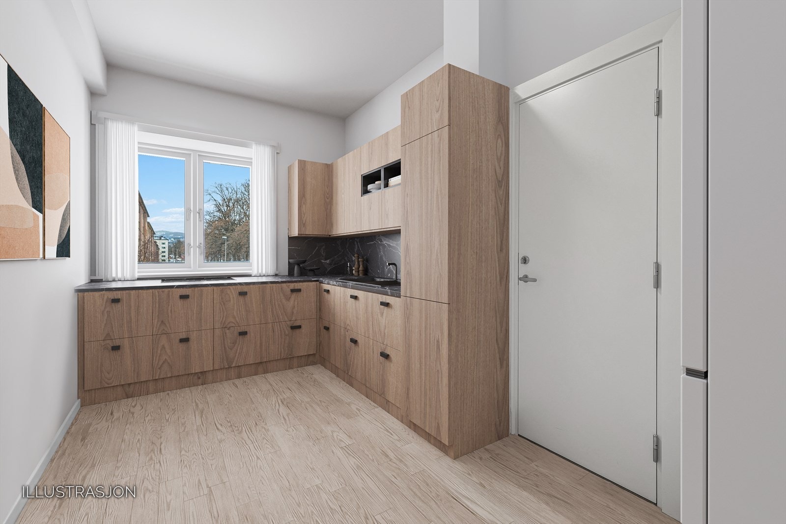 Illustrasjonsbilde kjøkken. Bildet er ment å vise rommets planløsning og mulige møbleringsløsninger. Avvik kan forekomme. Galleribilde