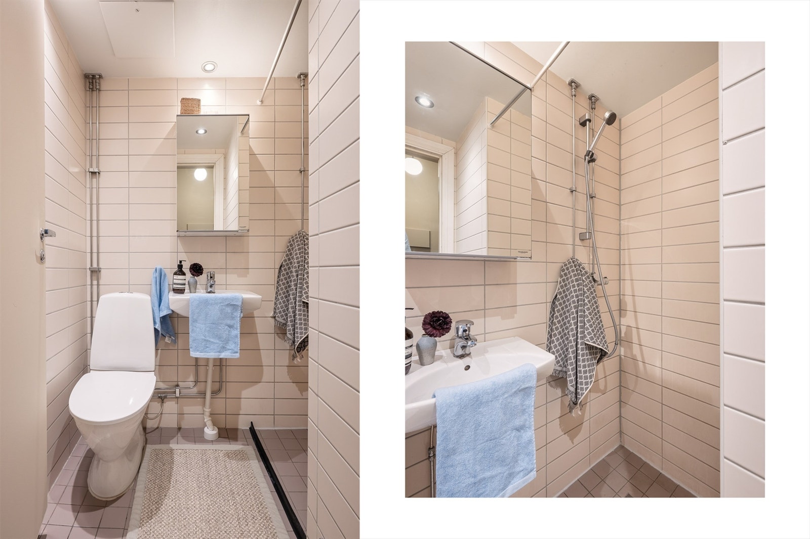 Badet er pent flislagt på gulv og vegger med elektriske varmekabler. Badet er innredet med dusj, frittstående toalett og servant. Galleribilde