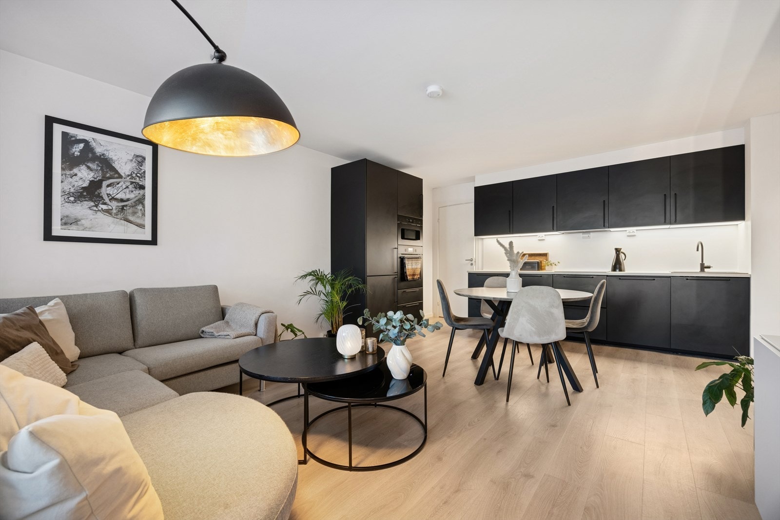 Stue og kjøkken er i en åpen løsning med en samlet størrelse på 24,6 kvm. Den gjennomtenkte planløsningen skaper naturlige soner for møblering. Galleribilde