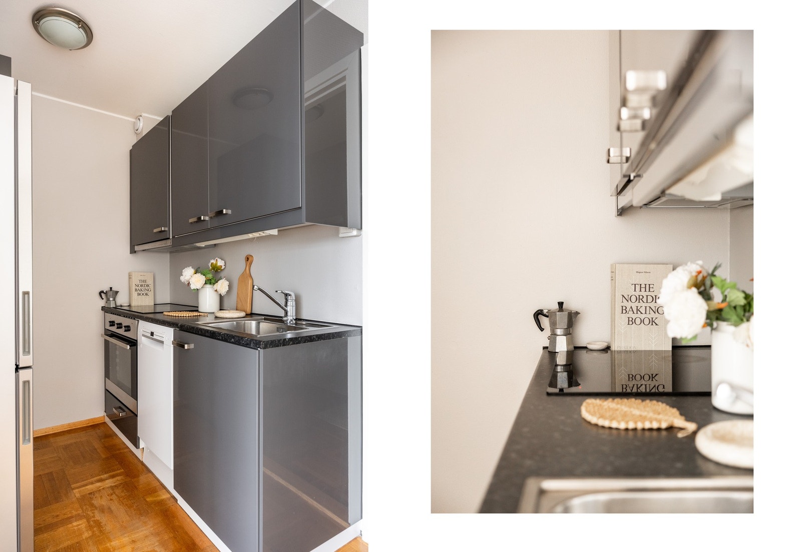 Pent kjøkken fra 2013 med glatte fronter og benkeplate av laminat. Galleribilde