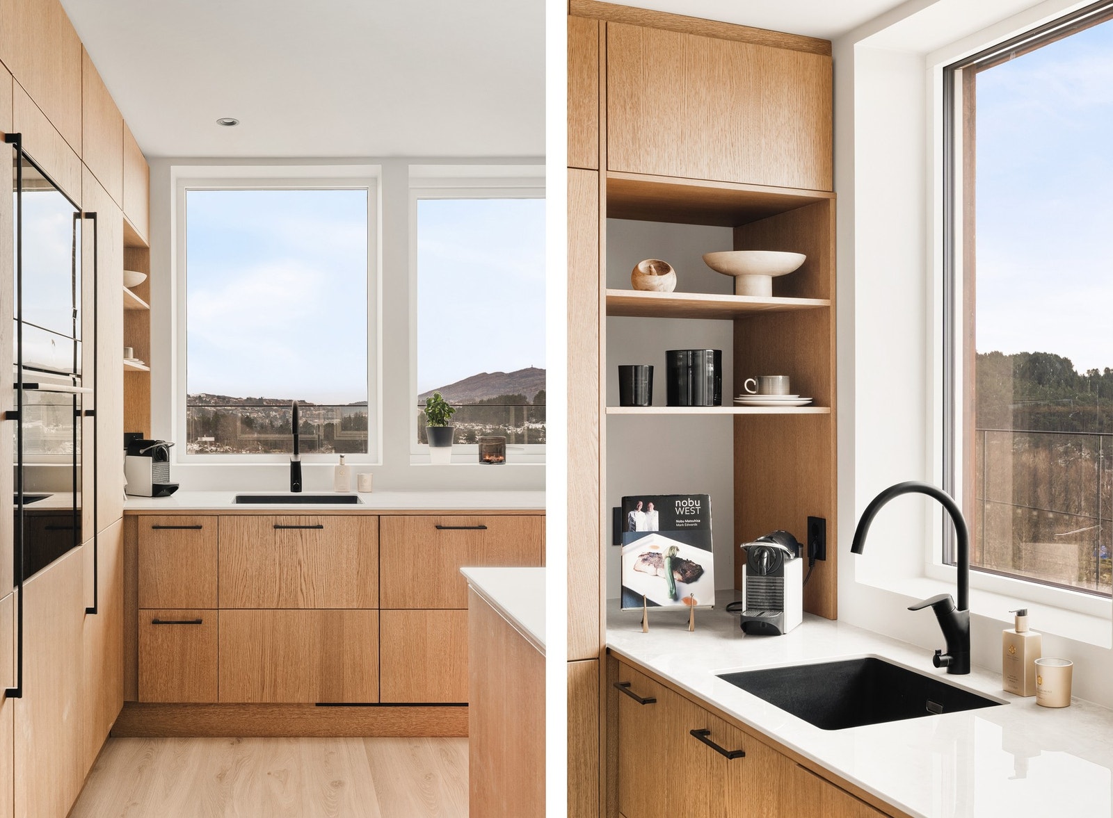 Av integrerte hvitevarer inneholder kjøkkenet induksjonsplatetopp, stekeovn, mikrobølgeovn, oppvaskmaskin, kjøleskap og fryseskap. Galleribilde