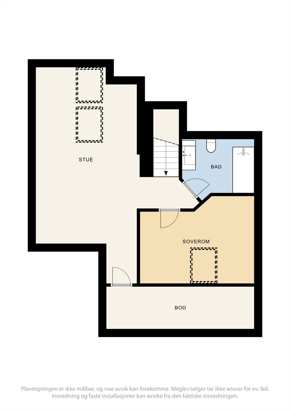 Loftetasjen er innredet med loftstue, soverom og bad. Etasjen er ikke godkjent for varig opphold, se mer pkt. ferdigattest. Galleribilde