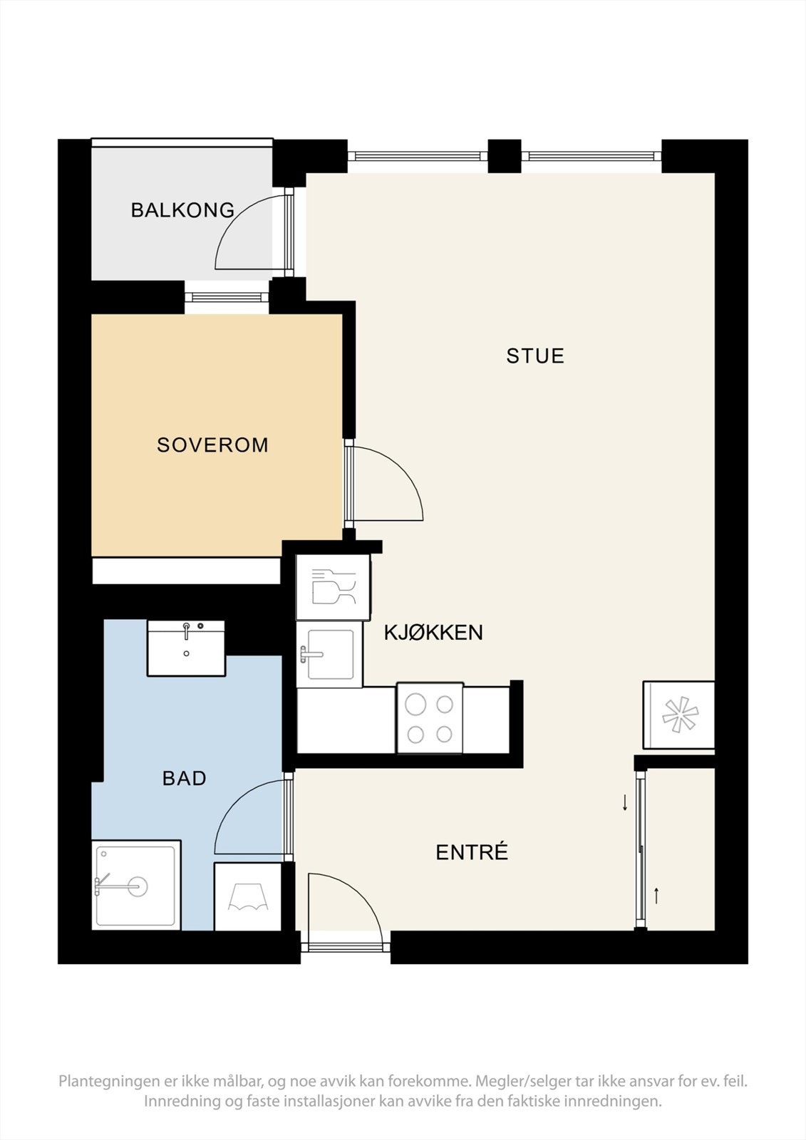 Leiligheten har en arealeffektiv planløsning på 36 m² med åpen stue- og kjøkkenløsning. Galleribilde