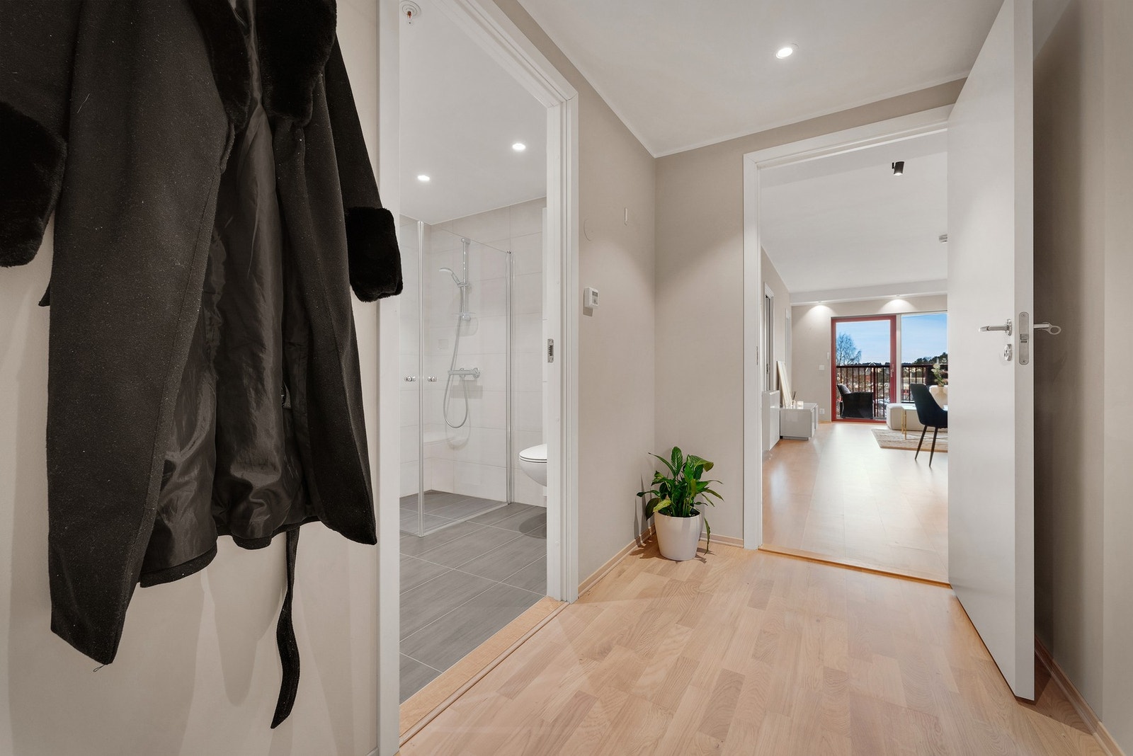 Romslig entre med inngang til badet. Galleribilde