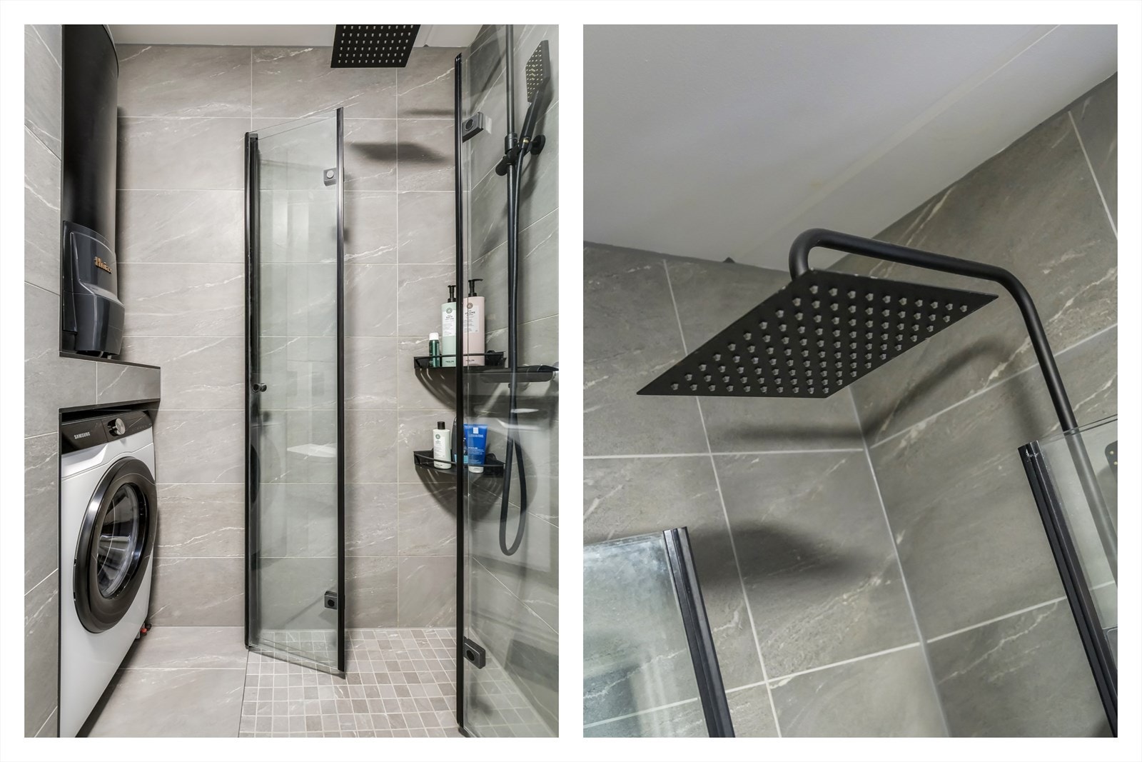 Regnfall og hånddusj i dusjnisje, samt vaskesøyle som er pent integrert i innredningen Galleribilde