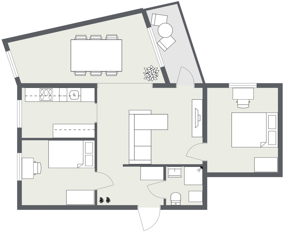 Leilighetens planløsning illustrert i 2D Galleribilde