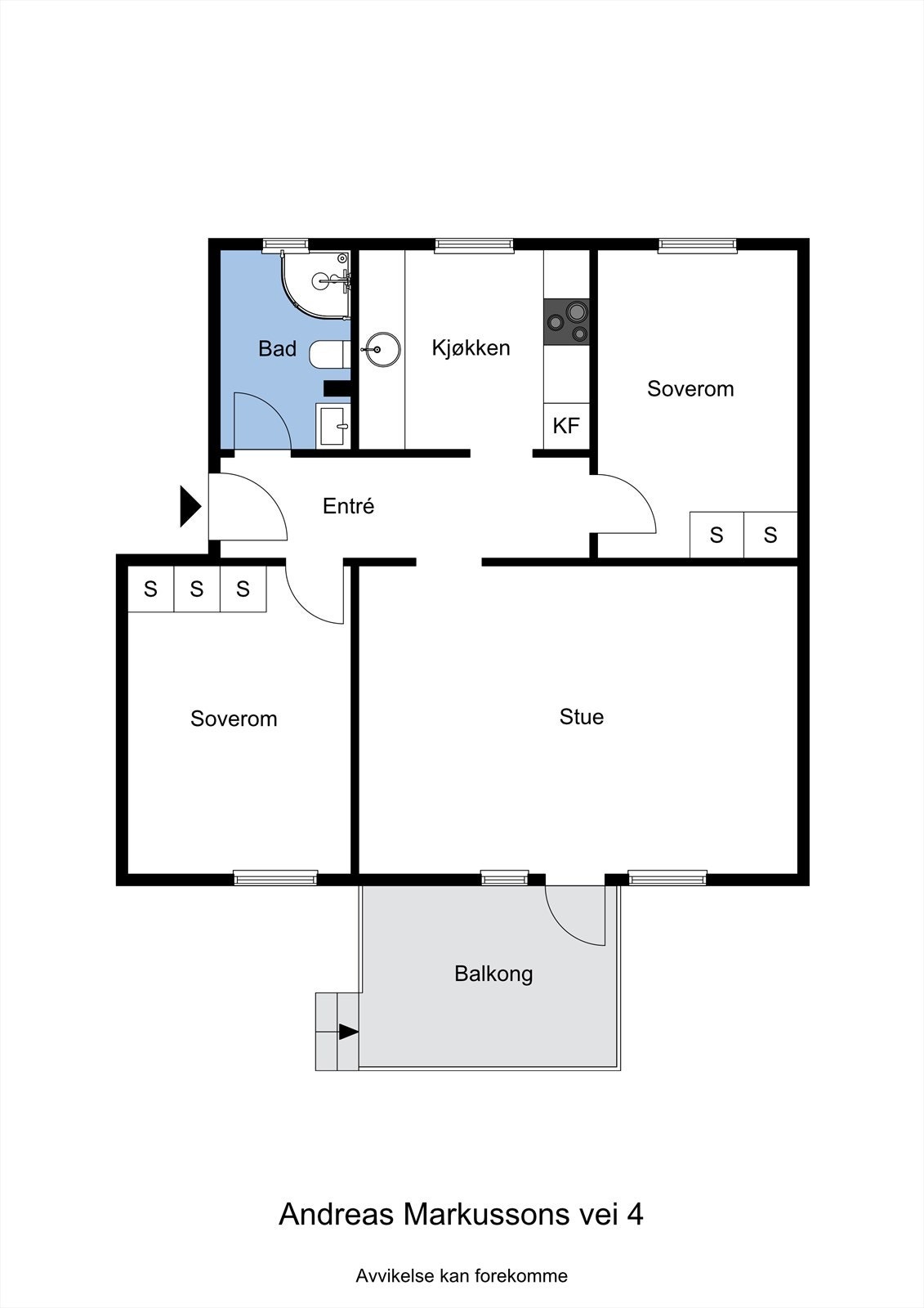 Planskisse av leiligheten. I tillegg benyttes tre boder. Galleribilde