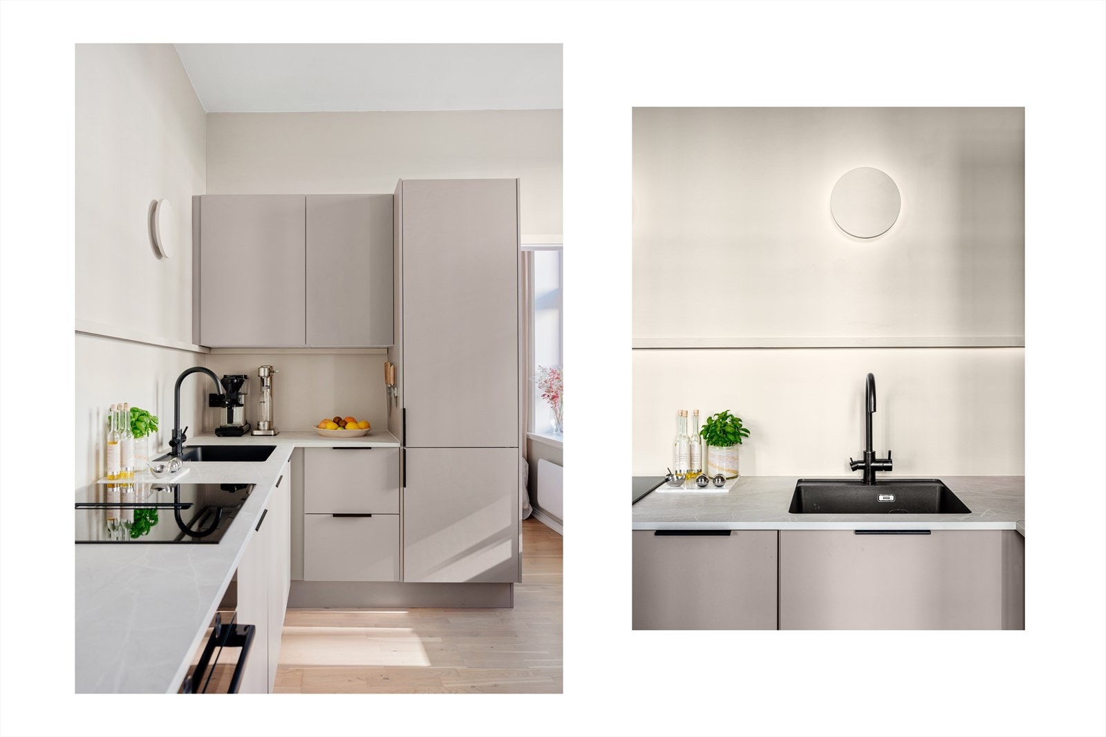 Stilrent kompromissløst HTH-kjøkken fra 2025 med slette, lyse fronter. Galleribilde