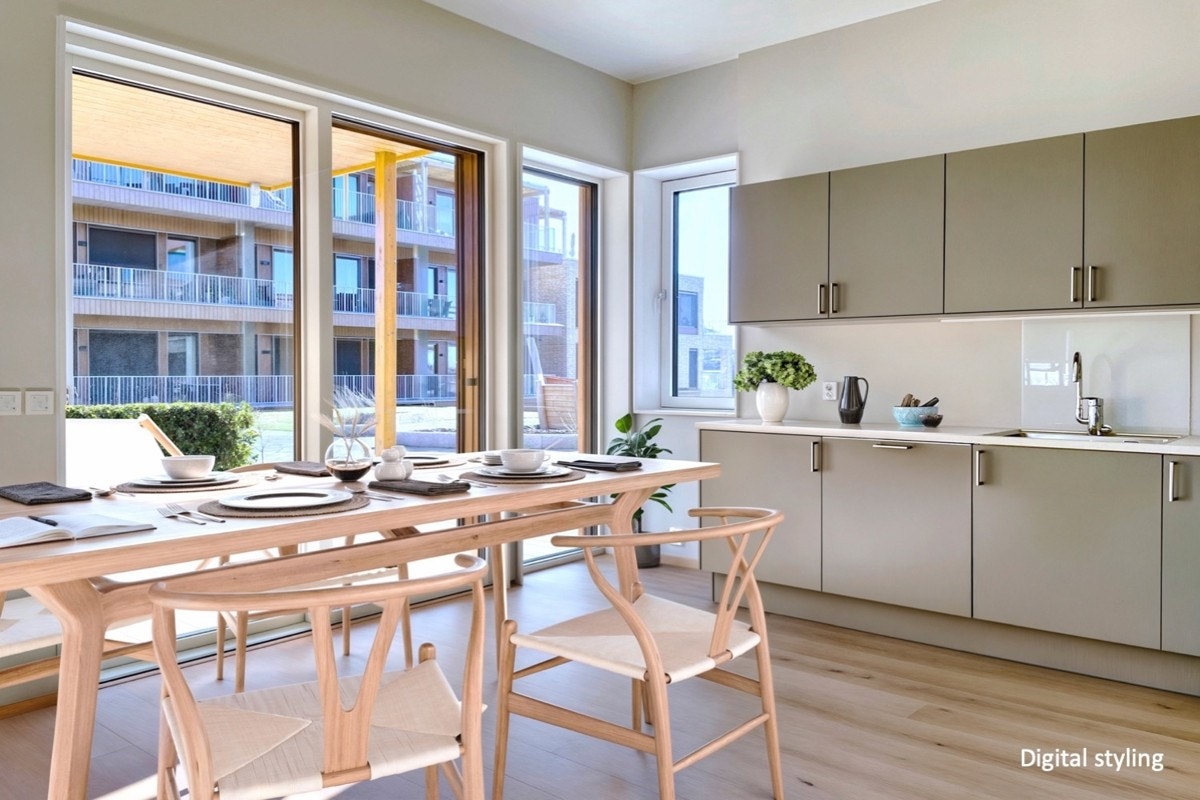 Lys og luftig stue-/kjøkkenløsning med utgang til balkong ? perfekt for rolige kvelder. (Bildet er digitalt stylet) Galleribilde