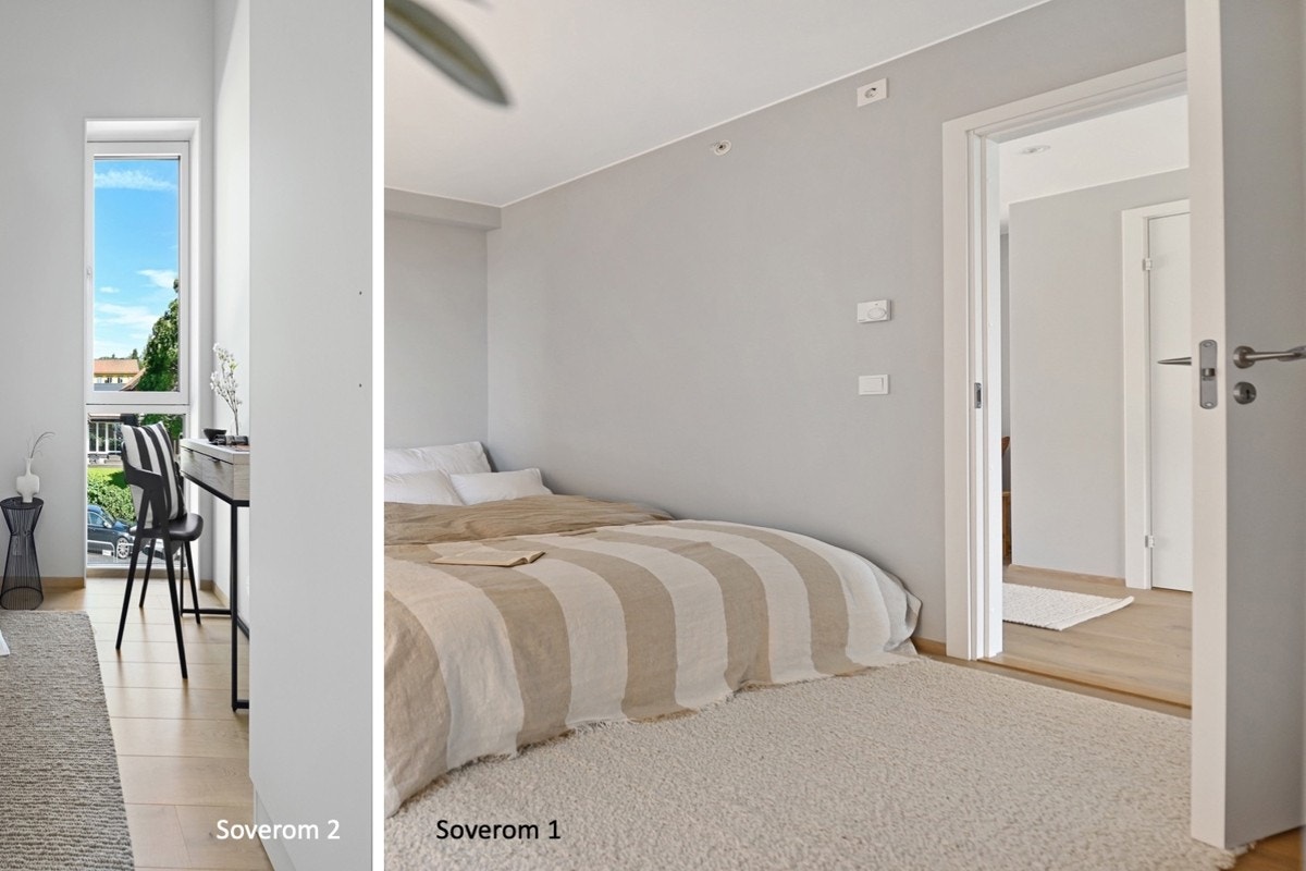 Soverom med plass til dobbeltseng og garderobe. (Bildet er digitalt stylet) Galleribilde