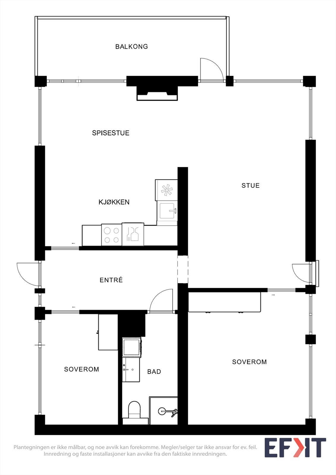 Leiligheten har en arealeffektiv planløsning med to soverom og åpen stue-kjøkkenløsning. Galleribilde