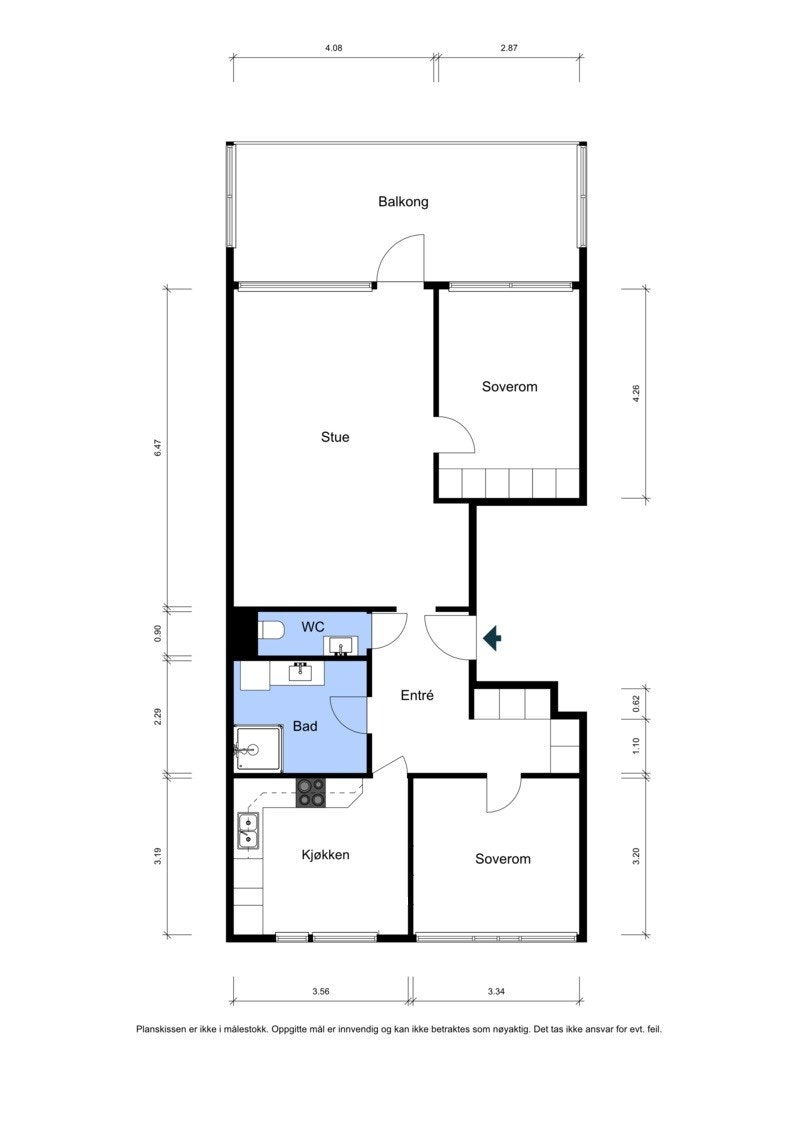 Boligen har en arealeffektiv planløsning med to soverom, separat kjøkken og toalettrom. Galleribilde