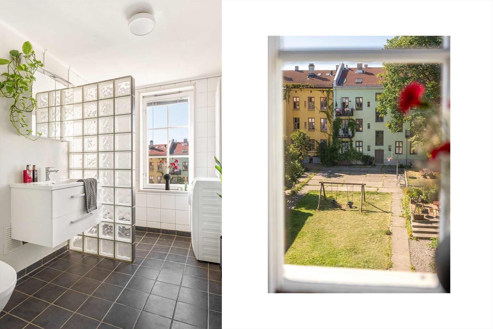 Badet inneholder heldekkende servant på underskap med folierte fronter, speilskap, lysarmatur og gulvmontert klosett. Galleribilde