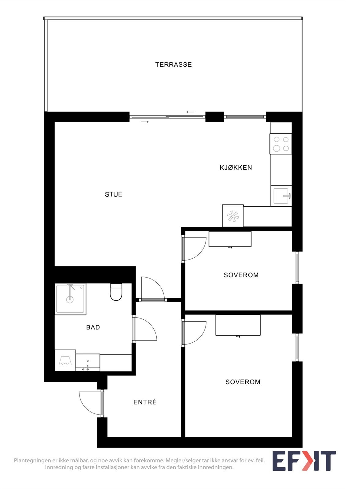 Leiligheten har en arealeffektiv planløsning på 57 m² med to soverom og åpen stue- og kjøkkenløsning. Galleribilde