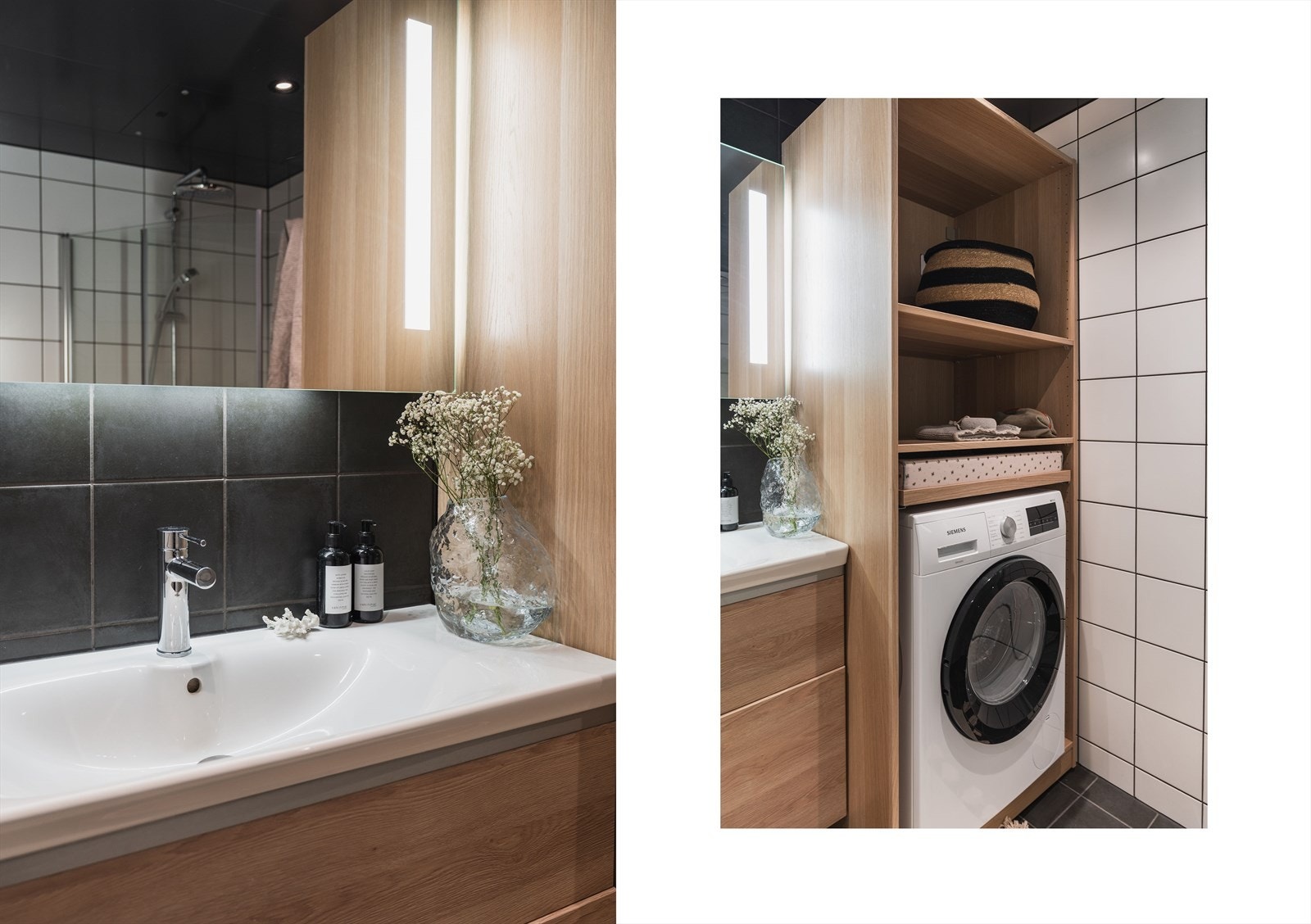 Baderommet er utstyrt med servant med innredning, plassbygget innredning i forbindelse med vaskemaskinen, dusj med innfellbare dører og veggfestet klosett Galleribilde