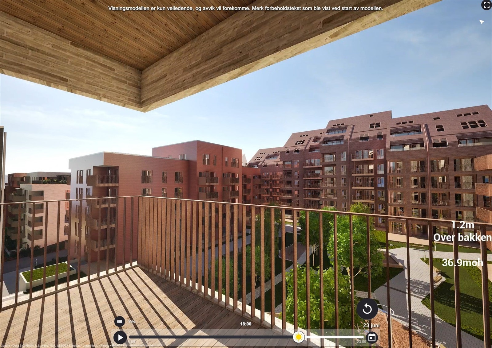 Illustrasjon | Utsyn fra nordvestvendt balkong på ca. 8 m². Her er det sol fra ca. 14:30-20:00 midtsommers, ifølge simulator. Avvik kan forekomme. Galleribilde