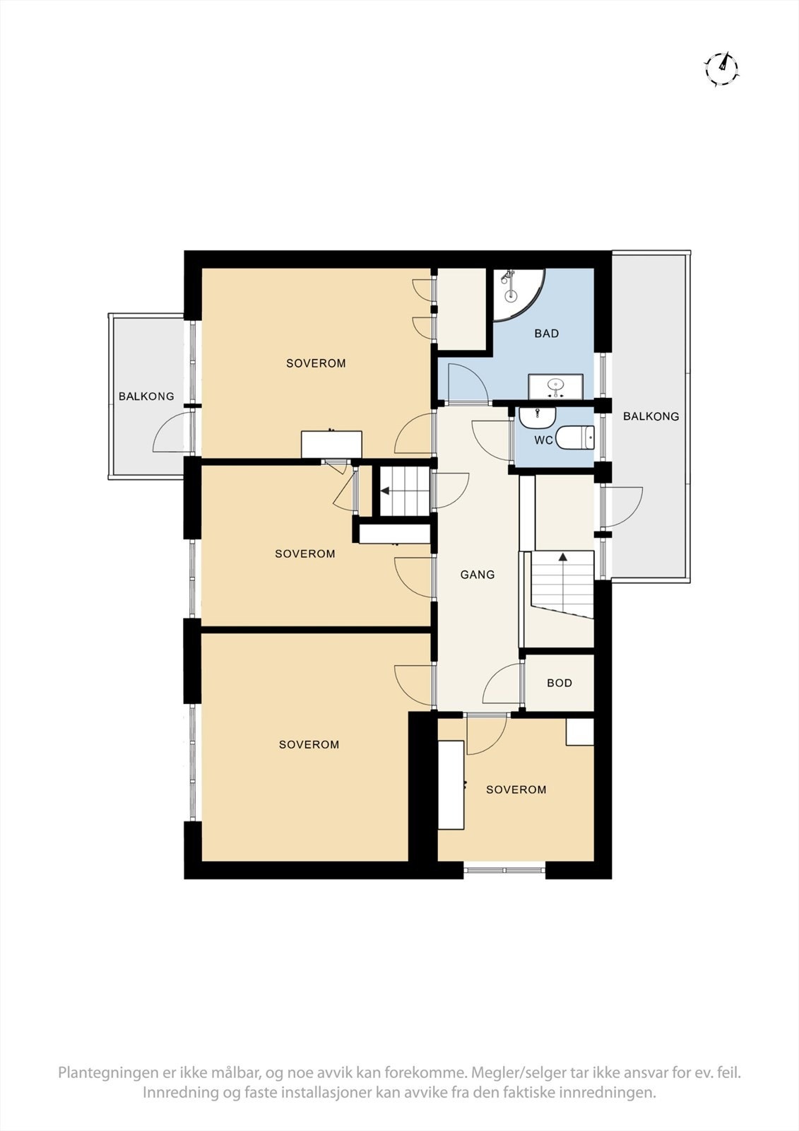 2 etasje. Etasje med to balkonger, 4 sove-eller arbeidsrom, samt bad. Galleribilde