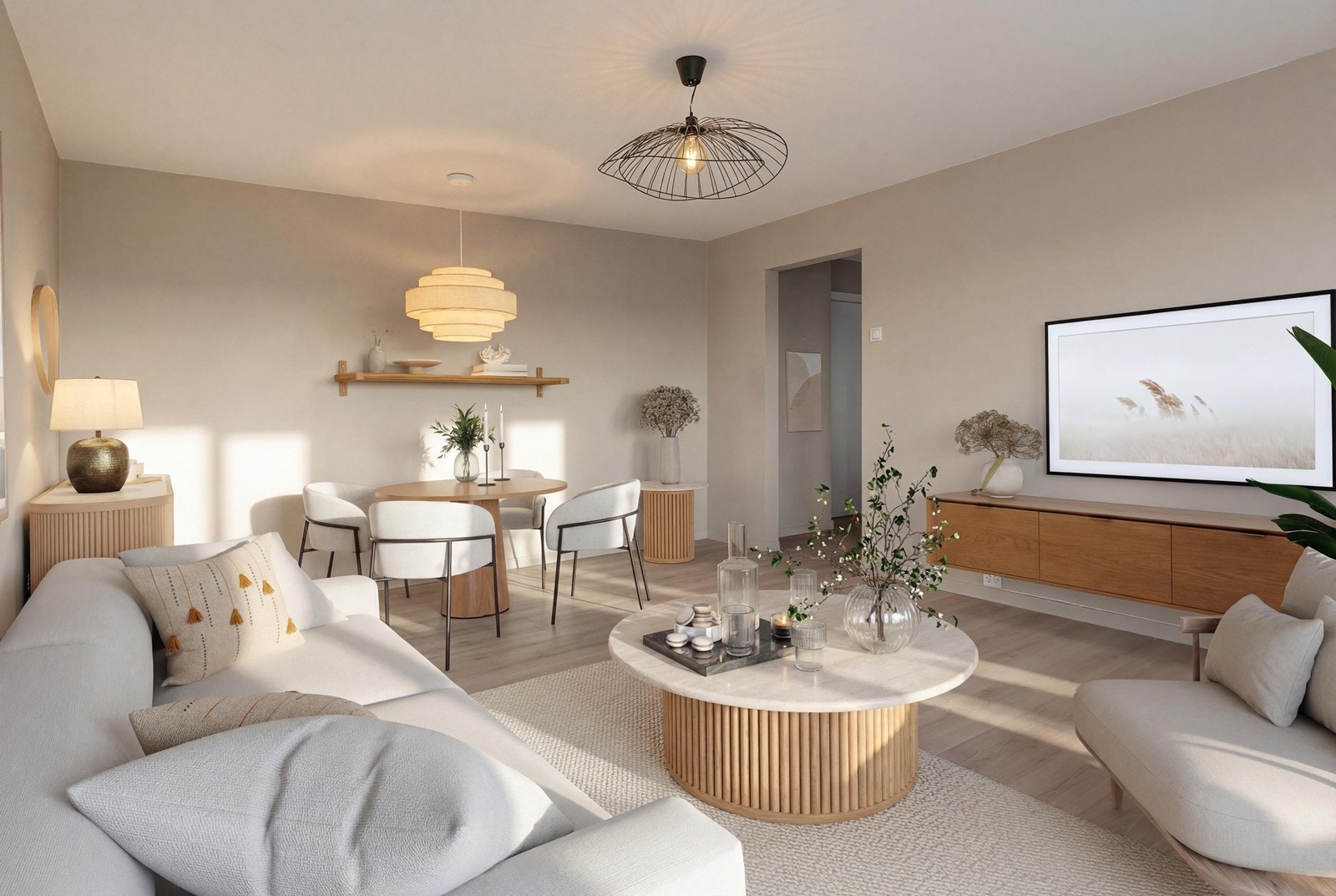 Stuen har en behagelig og tidløs beige veggfarge som harmonerer flott med gulvets varme toner. (Digital møblering). Galleribilde