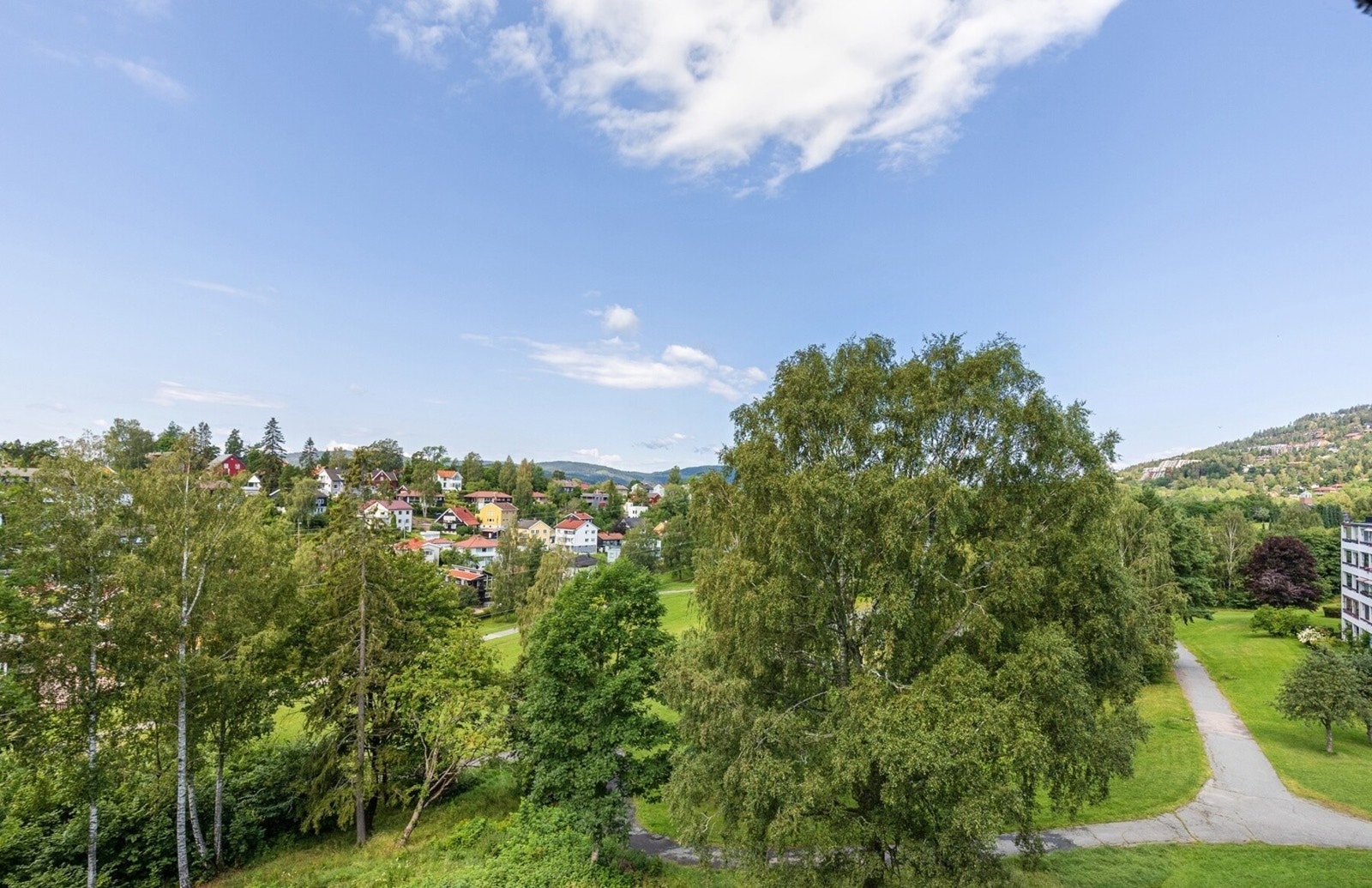 På sommerhalvåret er det en grønn og frodig utsikt fra verandaen. Galleribilde