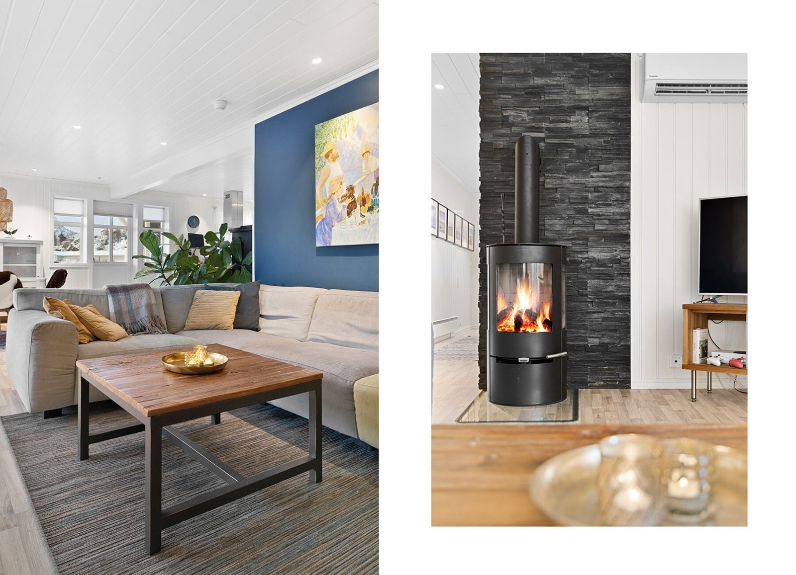 Lys og romslig stue med peis som gir en lun og hyggelig atmosfære Galleribilde