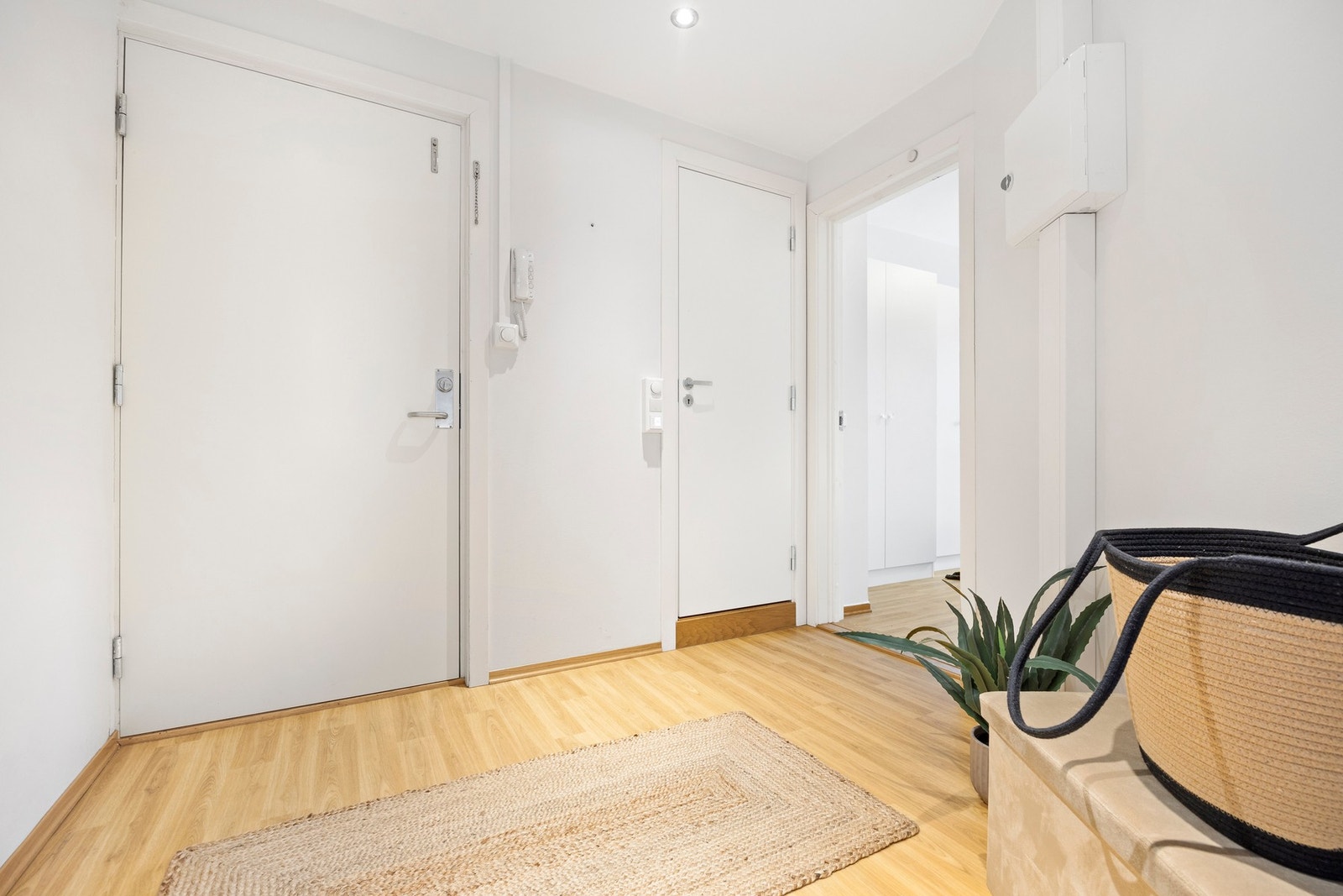 Fra entréen er det tilgang til badet, soverommet og videre inn i stuen/kjøkkenet. Galleribilde