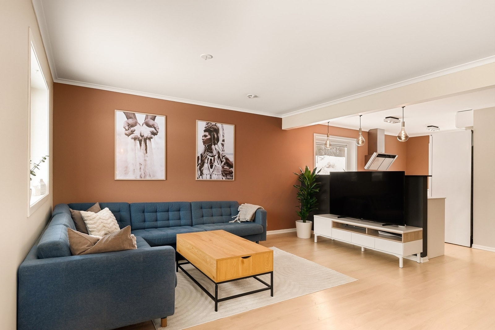 Fin og romslig stue med gode møbleringsmuligheter Galleribilde