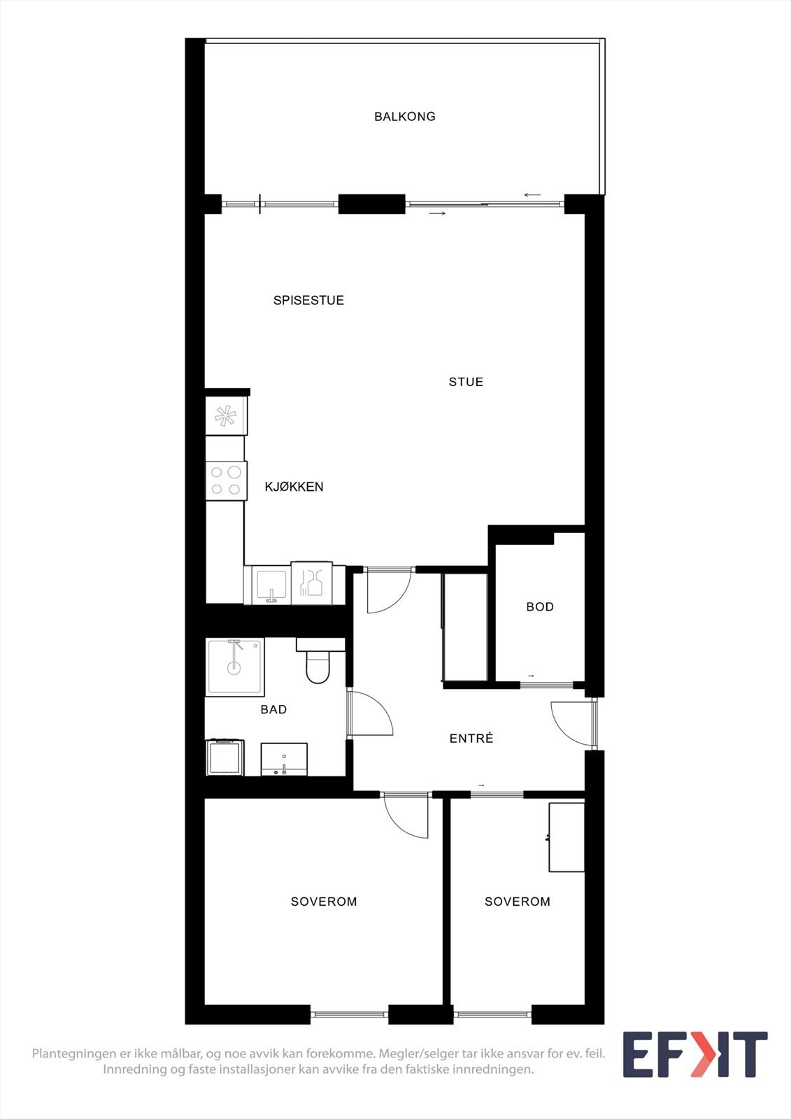 Leiligheten har en effektiv planløsning på 70 m² som rommer to soverom, bad og en åpen stue-kjøkkenløsning. Galleribilde