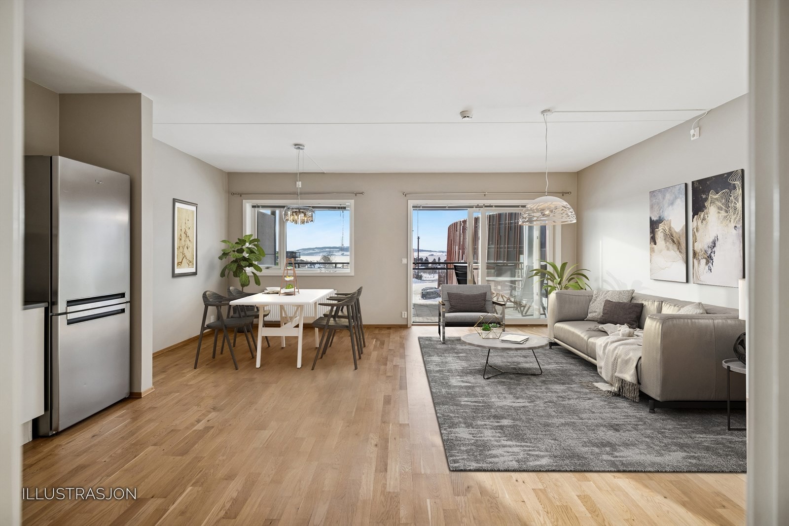 Den åpne løsningen gir fleksibilitet for møblering av både sittegruppe og spisebord. Galleribilde