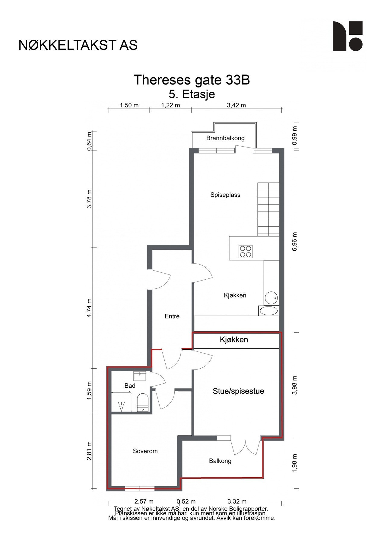 Alternativ skisse med 2-roms hybel. Leiligheten har hatt denne løsningen tidligere, så vann og strøm er tilrettelagt samt vaskemaskin på bad. Galleribilde