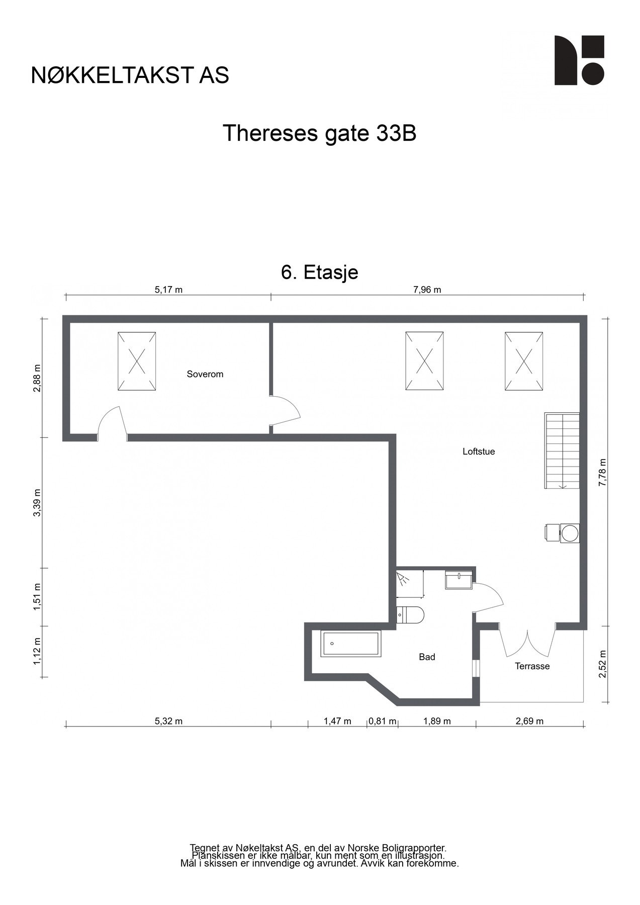 Loftsetasje med takterrasse. Skissen er ment til illustrasjon og er ikke målbar. Avvik kan forekomme. Galleribilde