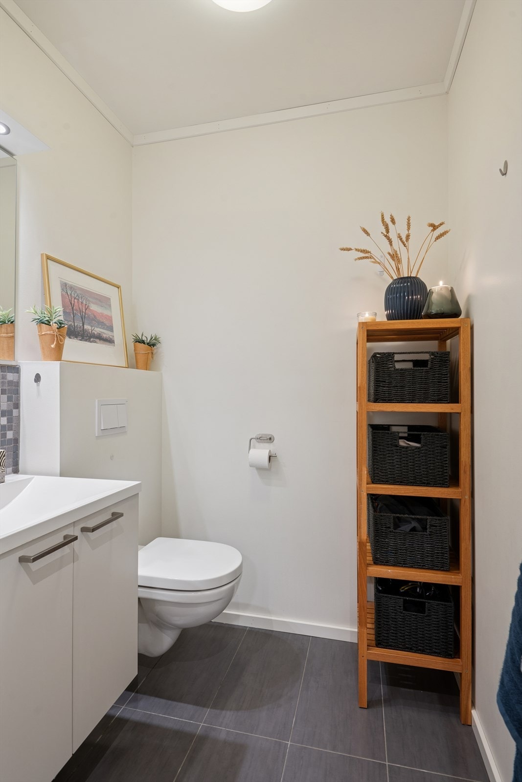 I tilknytning til entreen finner man et praktisk toalettrom med fliser på gulv, lysmalte vegger, heldekkende servant og speil Galleribilde