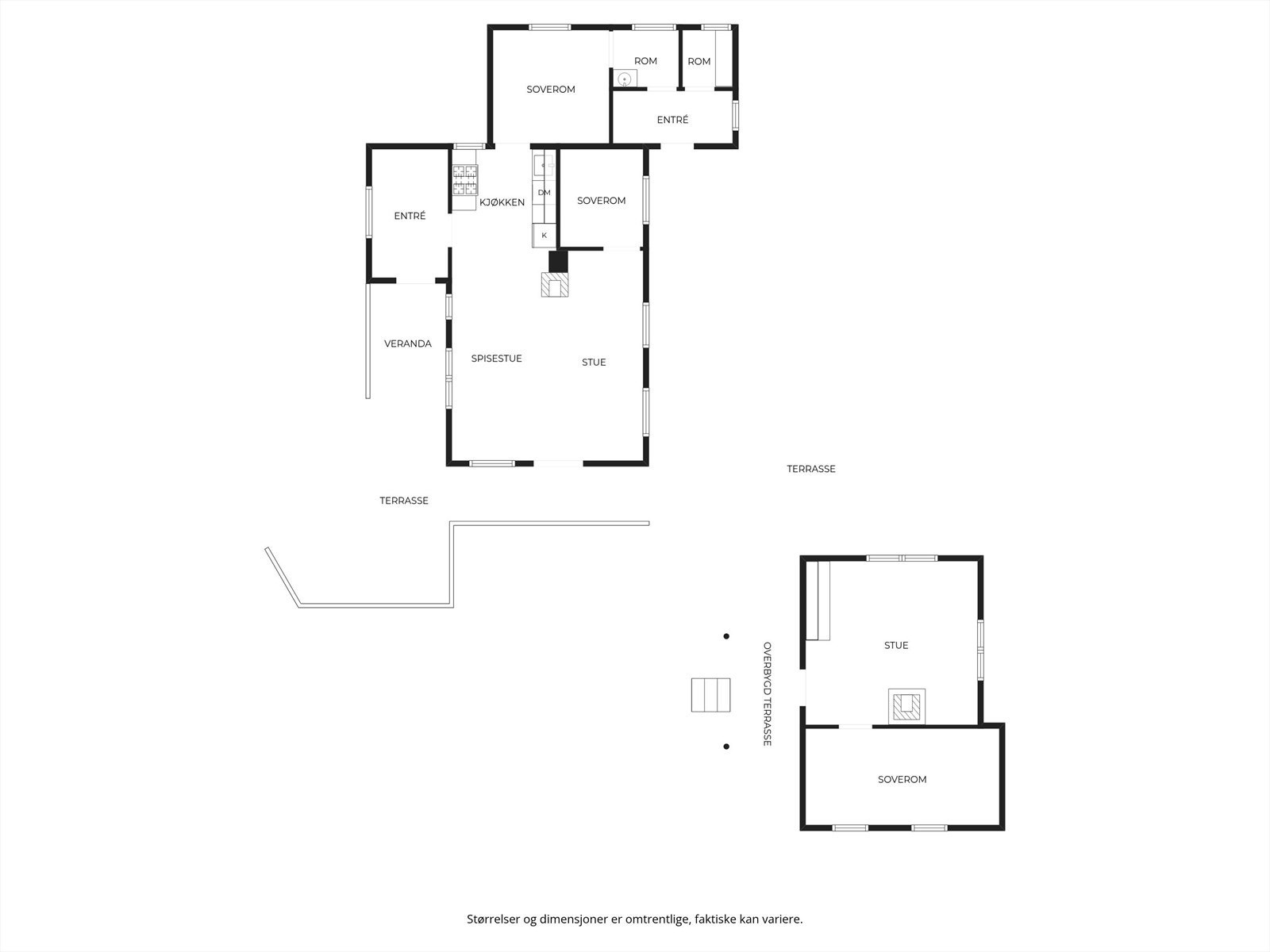 Plantegningen viser en fritidsbolig med to soverom og en romslig stue med tilknyttet spisestue. Kjøkkenet har plass til gasskomfyr og kjøleskap Galleribilde