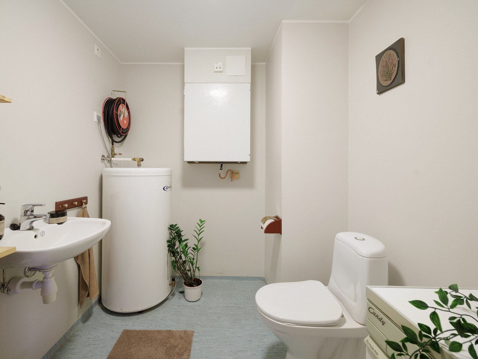 Vaskerom med toalett som har vinylbelegg på gulv og vegger med malte plater. Galleribilde