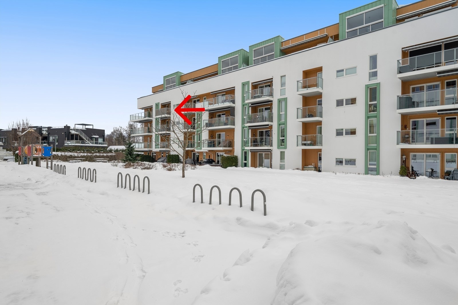 Leilighetens beliggenhet i bygget er markert med pil. Galleribilde