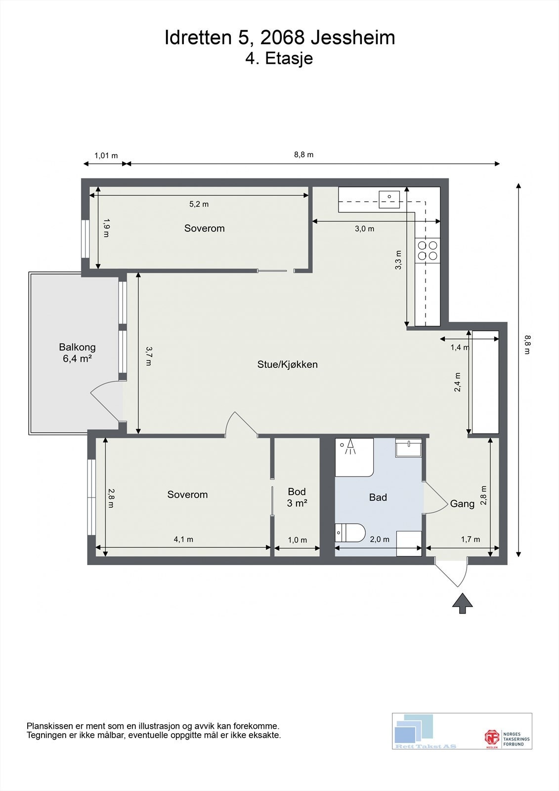 God planløsning som rommer entré, to soverom, bad, stue/kjøkken og en innvendig bod/walk-in. Galleribilde
