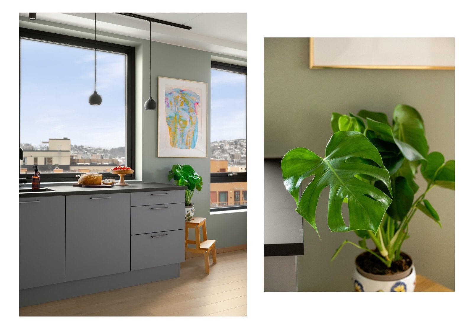 Det er hyggelig utsyn mot én av fem takterrasser fra kjøkkenvinduet. Galleribilde