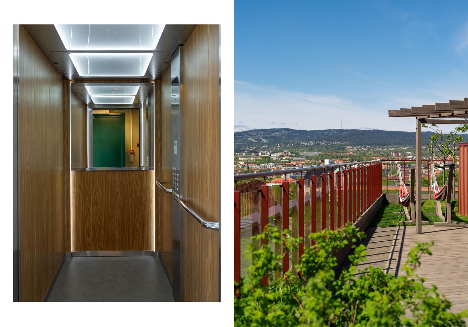 Heisen tar deg opp til leilighetens etasje og til toppen av bygget: I sameiet har du nemlig tilgang til hele fem takterrasser som fritt kan benyttes av beboerne. Galleribilde